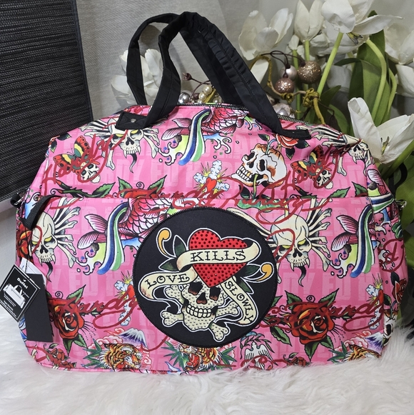 Ed Hardy Handbags - Ed Hardy Pink Love Kills Rhinestone Large Duffle Bag tattoo flash New